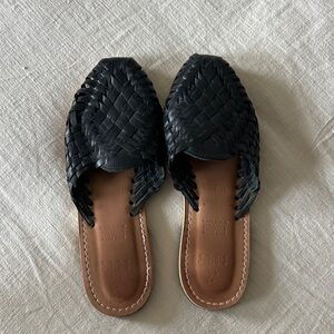 Black Woven Leather Mules
